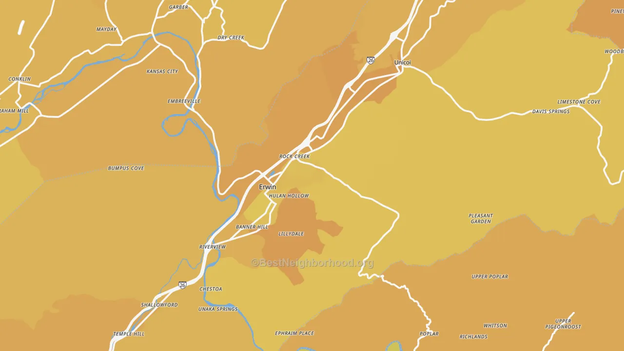 Map of the best neighborhoods in the Unicoi County area, with better matches in green and worse matches in red