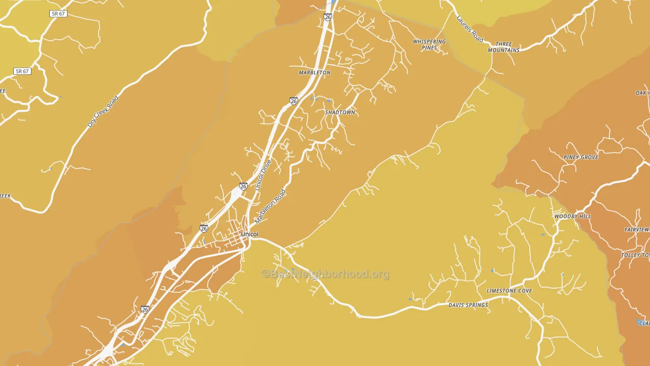 Map of the best neighborhoods in the Unicoi area, with better matches in green and worse matches in red