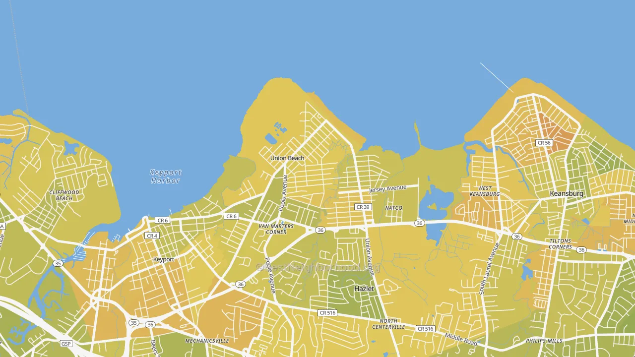 Map of the best neighborhoods in the Union Beach area, with better matches in green and worse matches in red