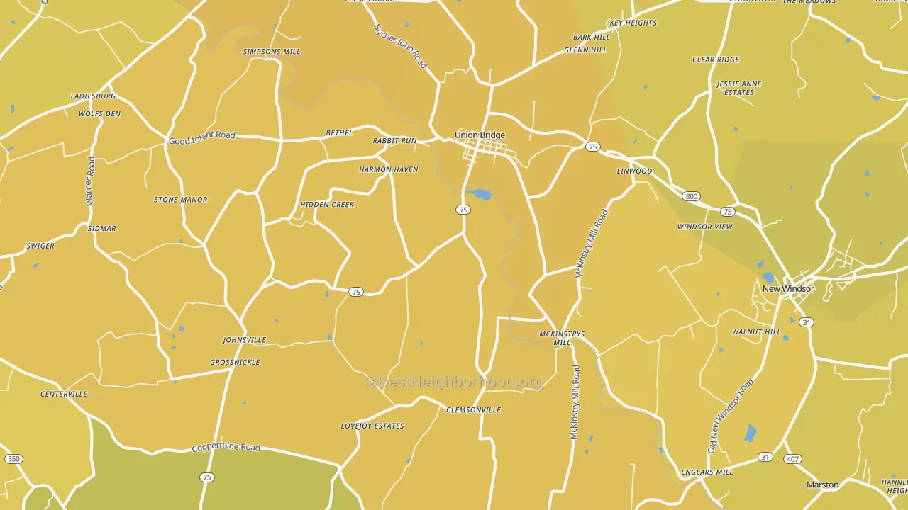 Map of the best neighborhoods in the Union Bridge area, with better matches in green and worse matches in red
