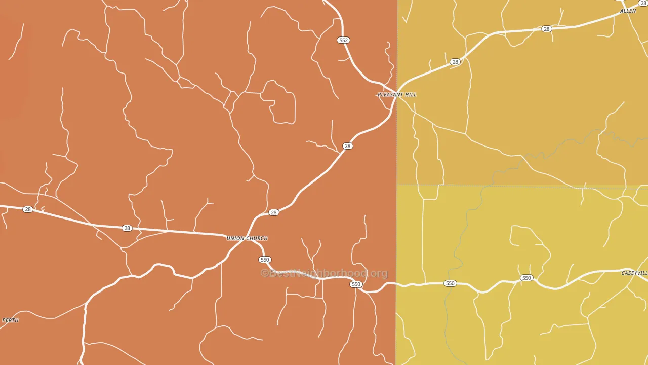 Map of the best neighborhoods in the Union Church area, with better matches in green and worse matches in red