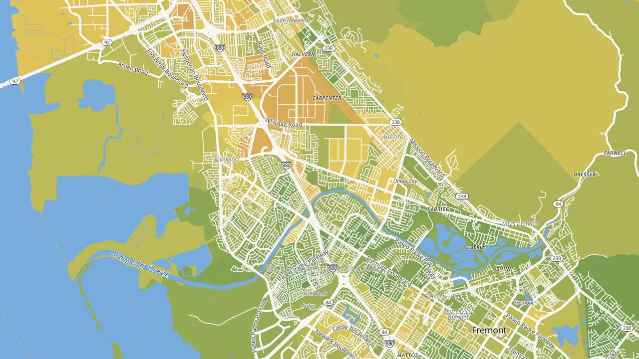 Map of the best neighborhoods in the Union City area, with better matches in green and worse matches in red