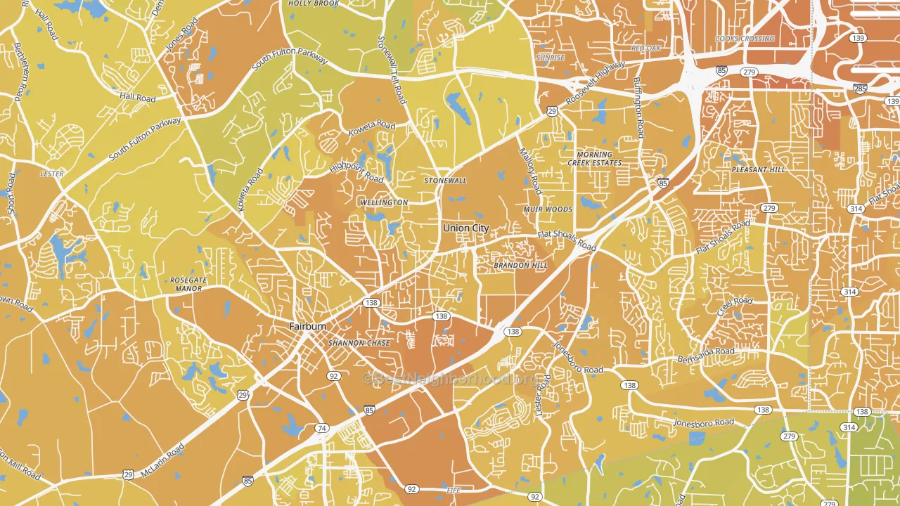 Map of the best neighborhoods in the Union City area, with better matches in green and worse matches in red