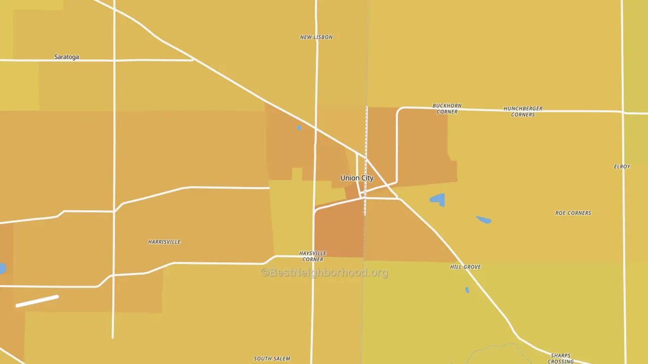 Map of the best neighborhoods in the Union City area, with better matches in green and worse matches in red