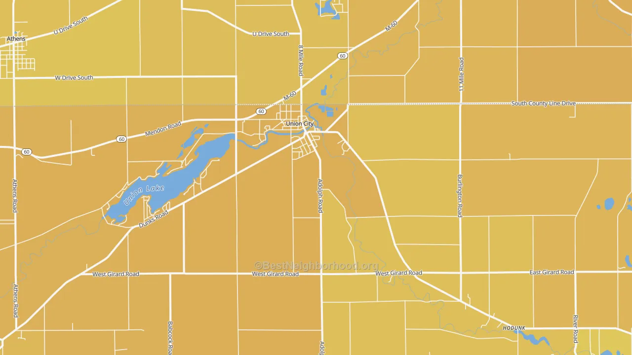 Map of the best neighborhoods in the Union City area, with better matches in green and worse matches in red