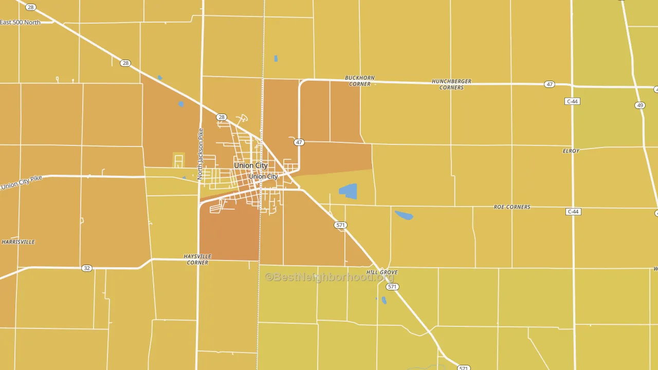 Map of the best neighborhoods in the Union City area, with better matches in green and worse matches in red