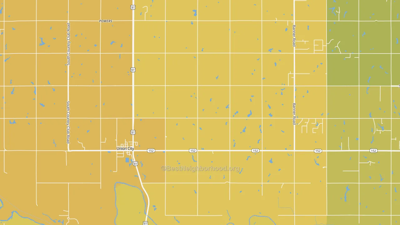 Map of the best neighborhoods in the Union City area, with better matches in green and worse matches in red