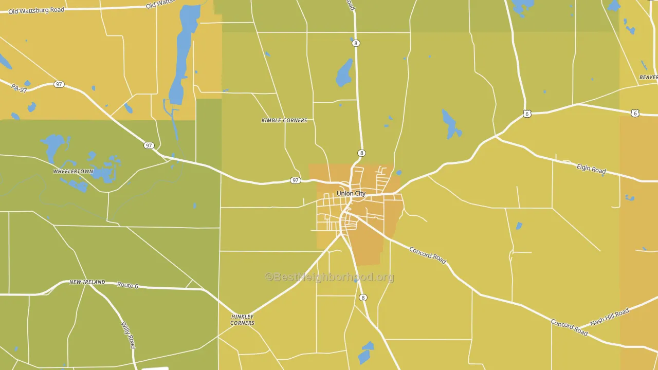Map of the best neighborhoods in the Union City area, with better matches in green and worse matches in red