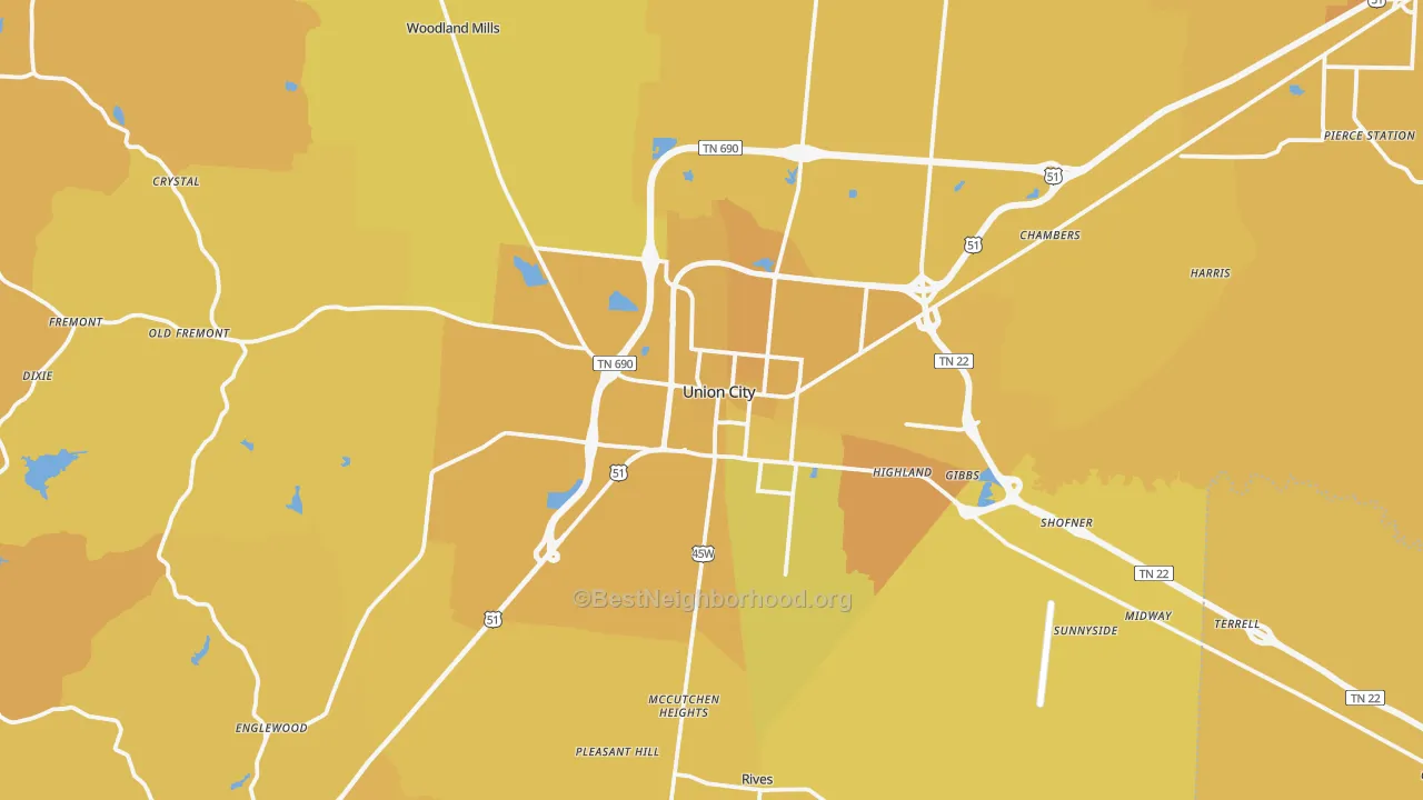 Map of the best neighborhoods in the Union City area, with better matches in green and worse matches in red