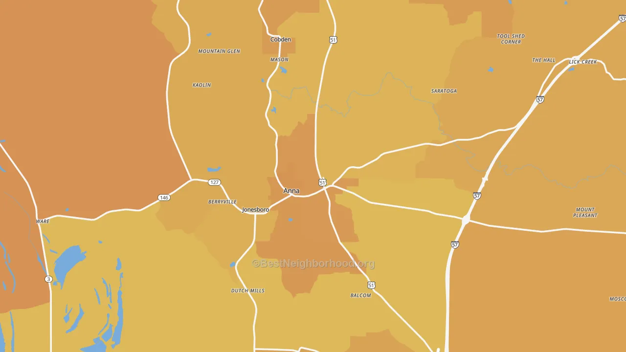 Map of the best neighborhoods in the Union County area, with better matches in green and worse matches in red