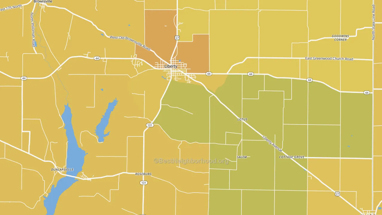 Map of the best neighborhoods in the Union County area, with better matches in green and worse matches in red