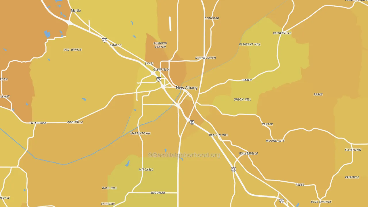 Map of the best neighborhoods in the Union County area, with better matches in green and worse matches in red