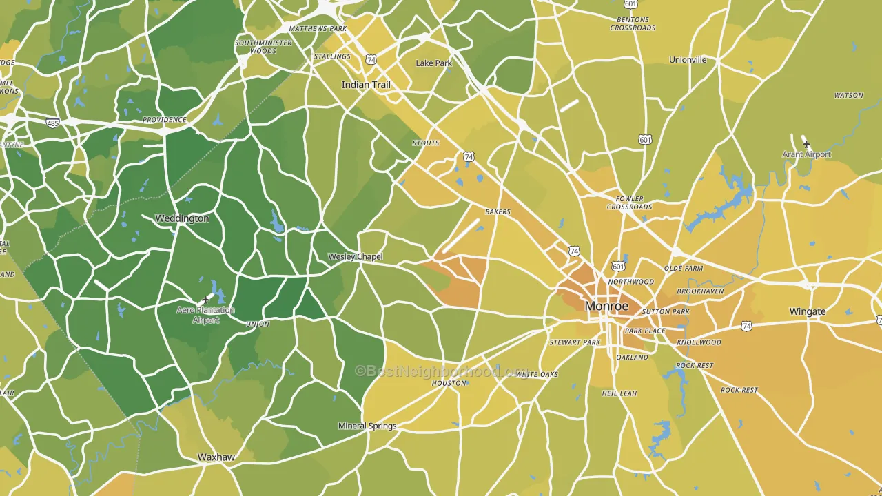 Map of the best neighborhoods in the Union County area, with better matches in green and worse matches in red