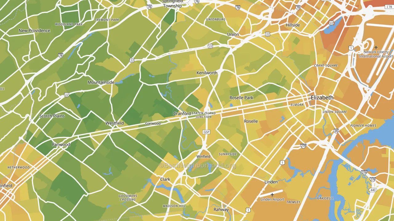 Map of the best neighborhoods in the Union County area, with better matches in green and worse matches in red