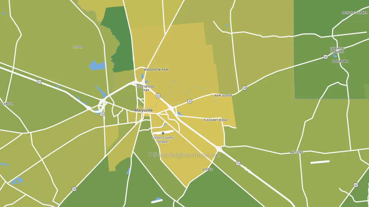 Map of the best neighborhoods in the Union County area, with better matches in green and worse matches in red