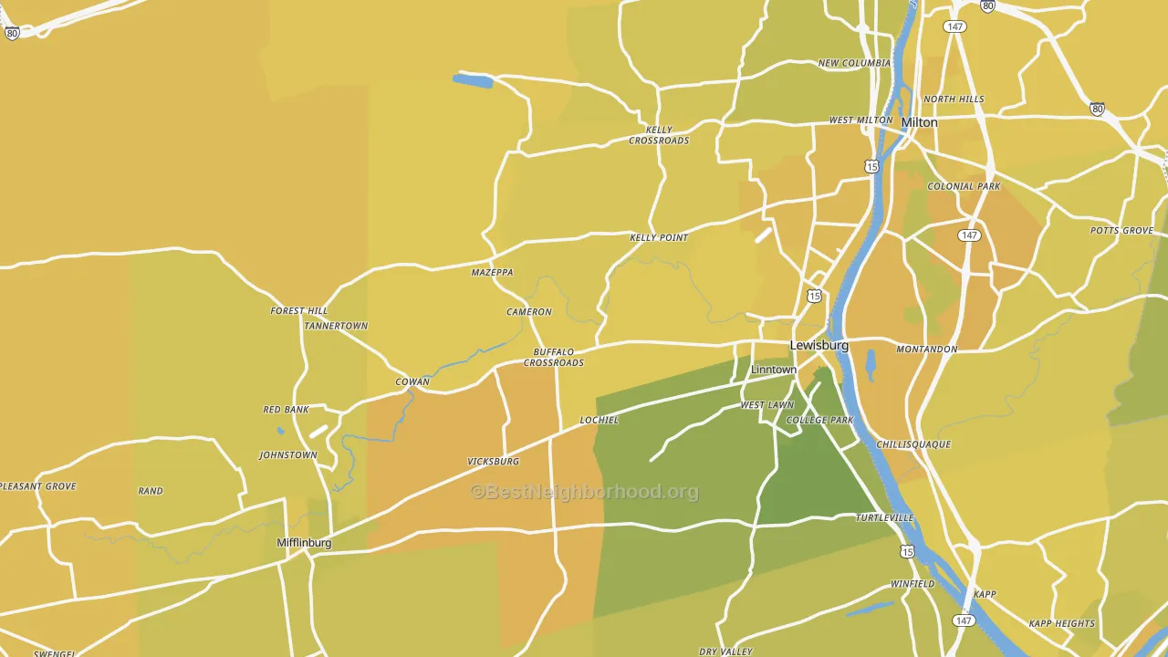 Map of the best neighborhoods in the Union County area, with better matches in green and worse matches in red