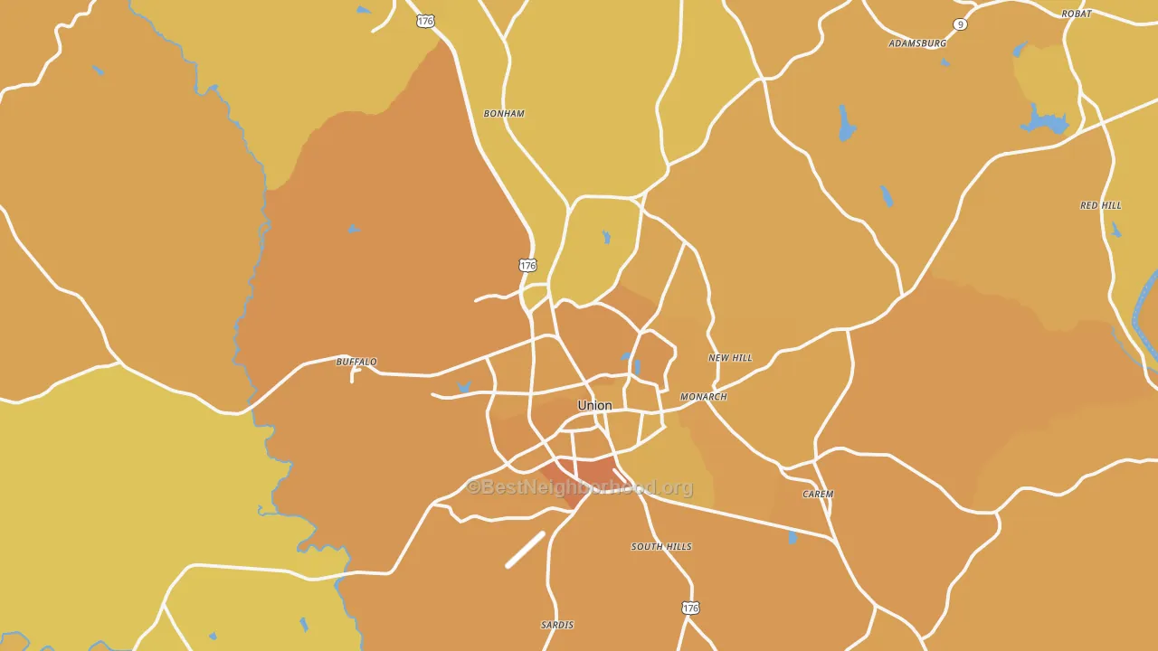 Map of the best neighborhoods in the Union County area, with better matches in green and worse matches in red