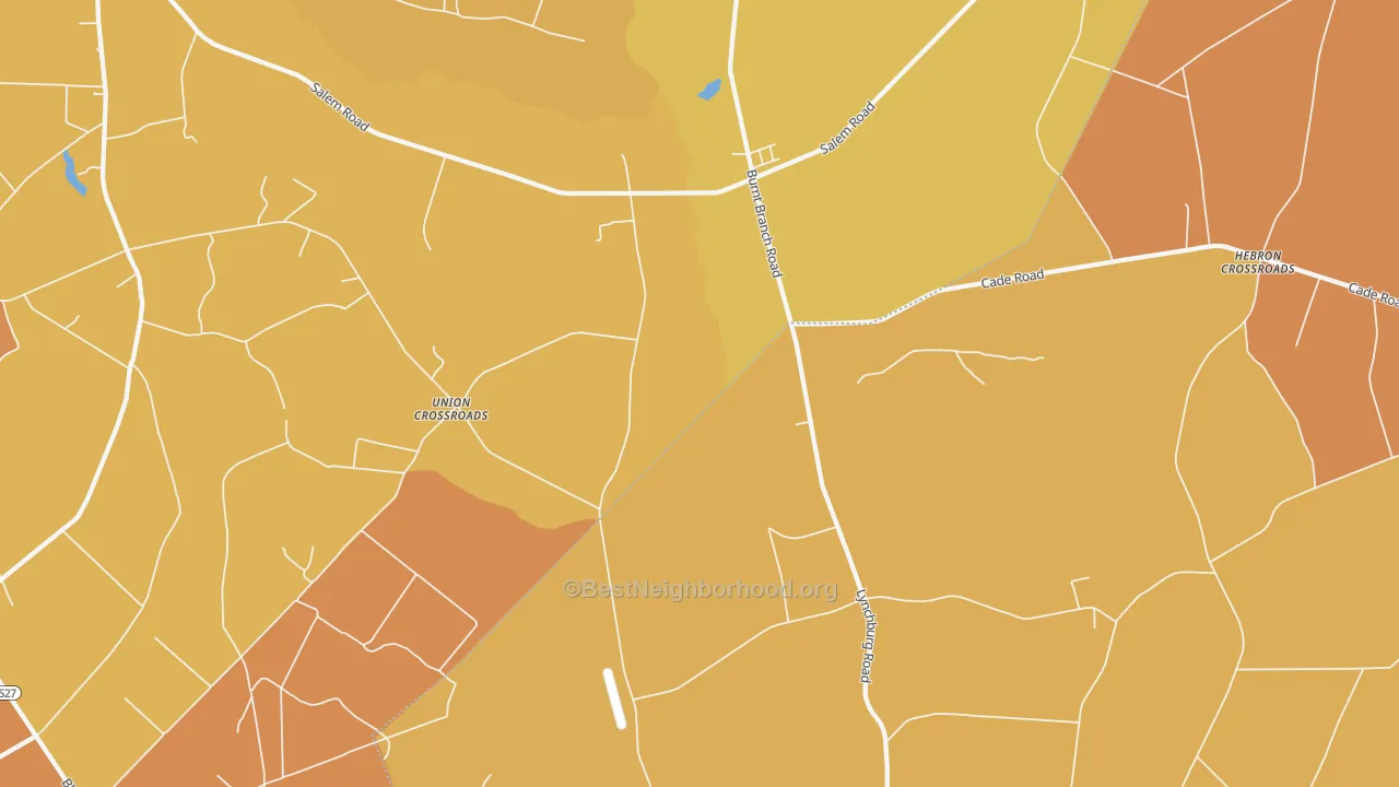 Map of the best neighborhoods in the Union Crossroads area, with better matches in green and worse matches in red