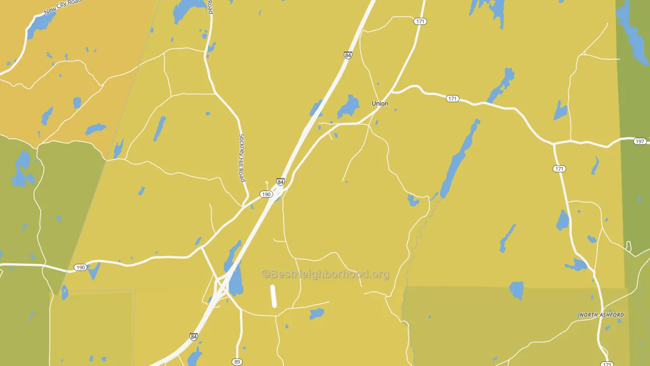 Map of the best neighborhoods in the Union area, with better matches in green and worse matches in red