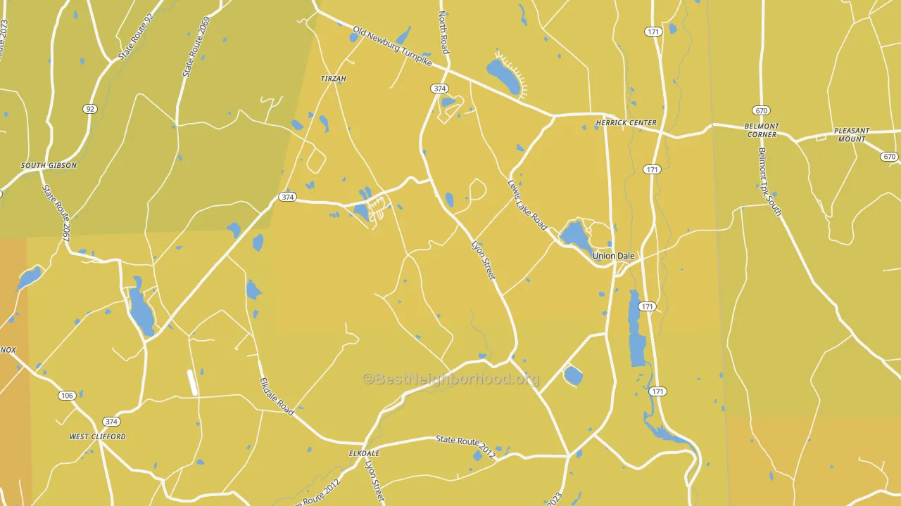 Map of the best neighborhoods in the Union Dale area, with better matches in green and worse matches in red
