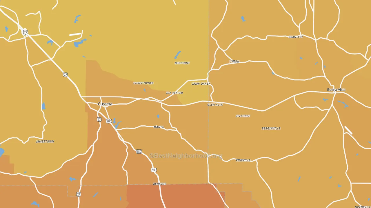 Map of the best neighborhoods in the Union area, with better matches in green and worse matches in red