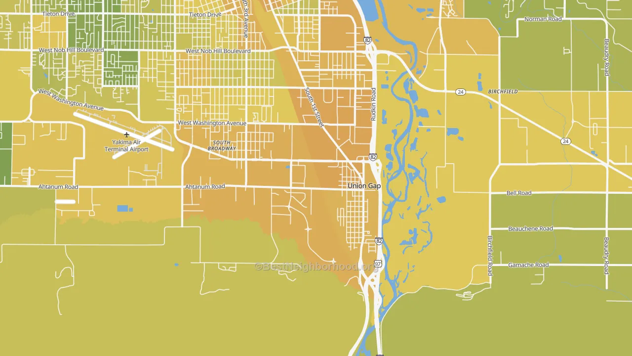 Map of the best neighborhoods in the Union Gap area, with better matches in green and worse matches in red