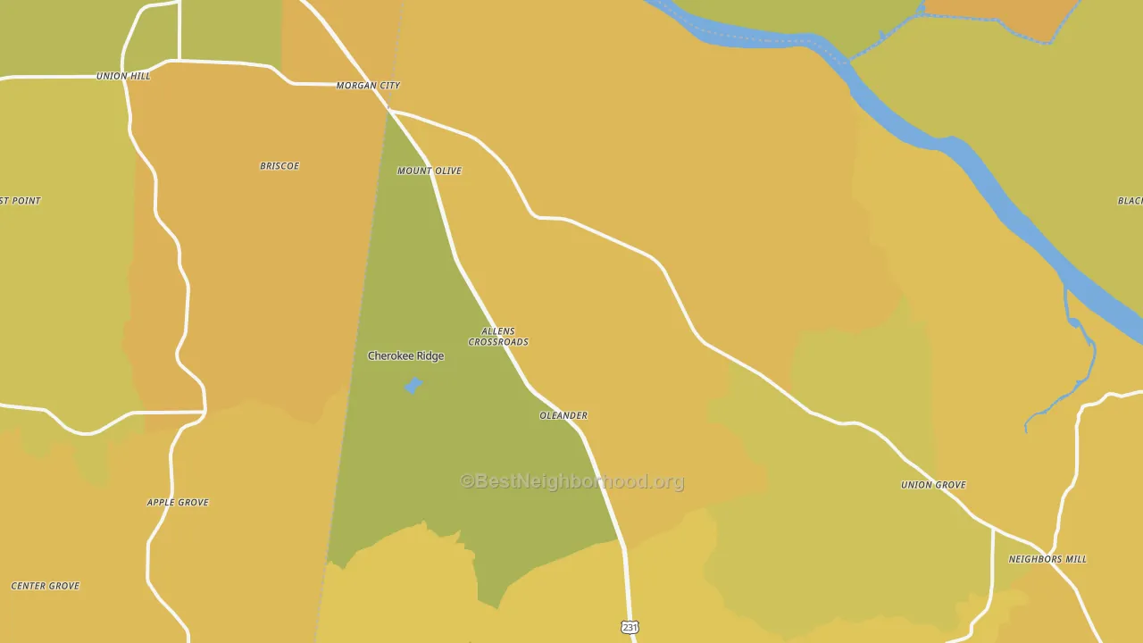 Map of the best neighborhoods in the Union Grove area, with better matches in green and worse matches in red