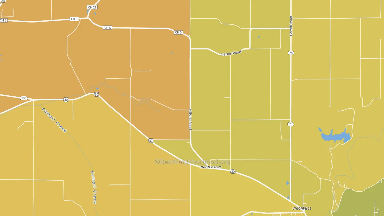 Map of the best neighborhoods in the Union Grove area, with better matches in green and worse matches in red