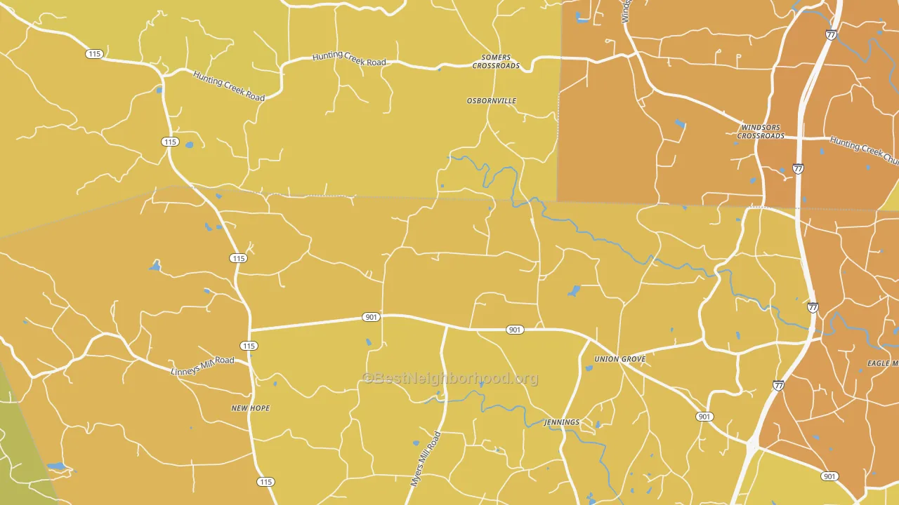 Map of the best neighborhoods in the Union Grove area, with better matches in green and worse matches in red