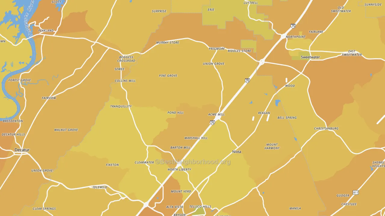Map of the best neighborhoods in the Union Grove area, with better matches in green and worse matches in red
