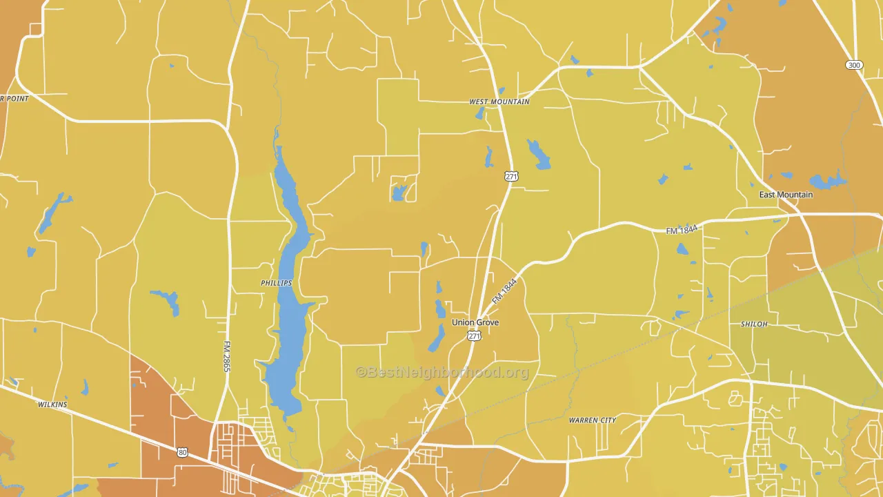 Map of the best neighborhoods in the Union Grove area, with better matches in green and worse matches in red