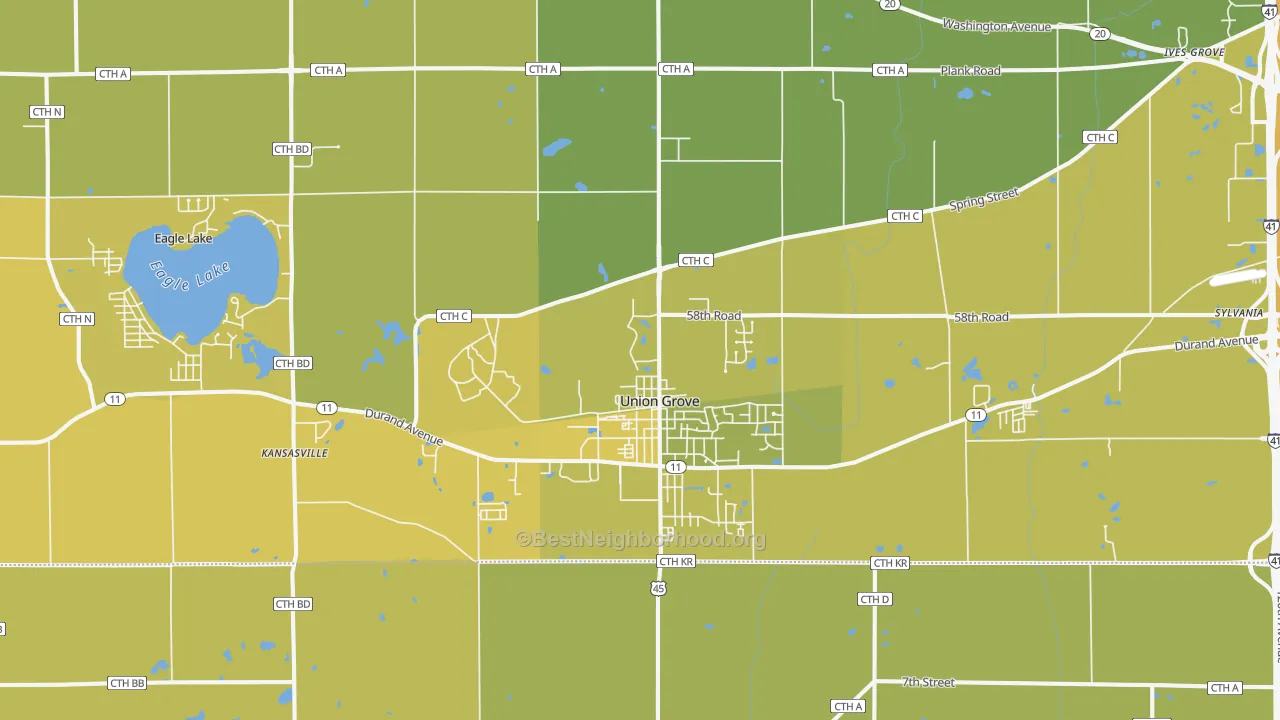 Map of the best neighborhoods in the Union Grove area, with better matches in green and worse matches in red