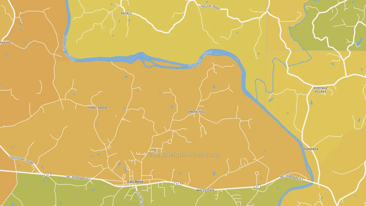 Map of the best neighborhoods in the Union Hill area, with better matches in green and worse matches in red