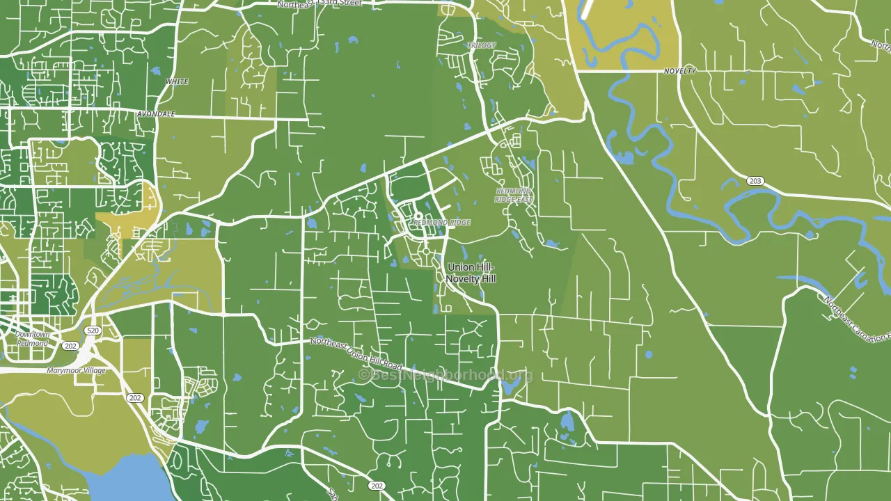 Map of the best neighborhoods in the Union Hill-Novelty Hill area, with better matches in green and worse matches in red