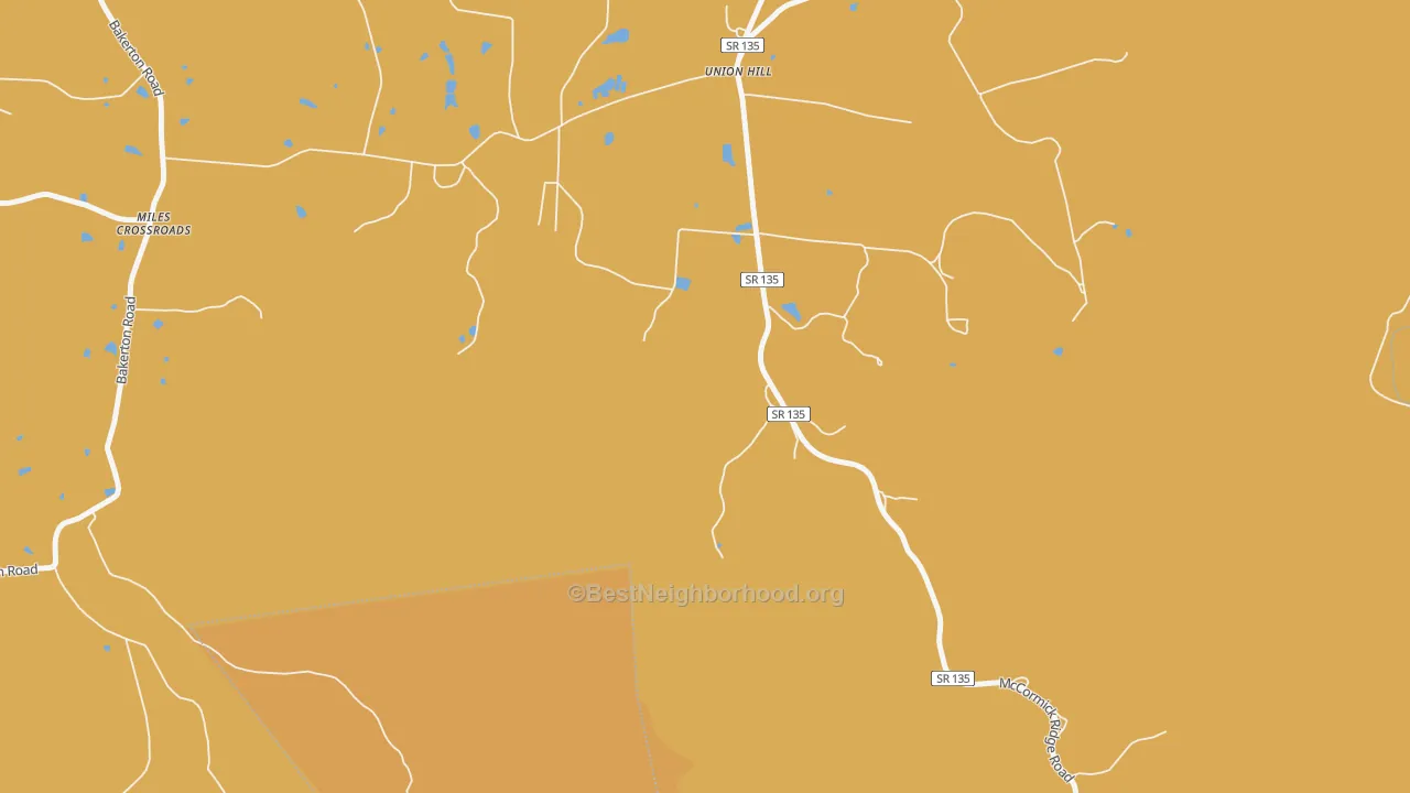 Map of the best neighborhoods in the Union Hill area, with better matches in green and worse matches in red