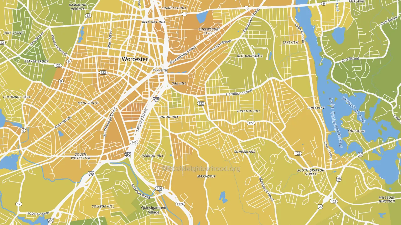 Map of the best neighborhoods in the Union Hill, Worcester area, with better matches in green and worse matches in red