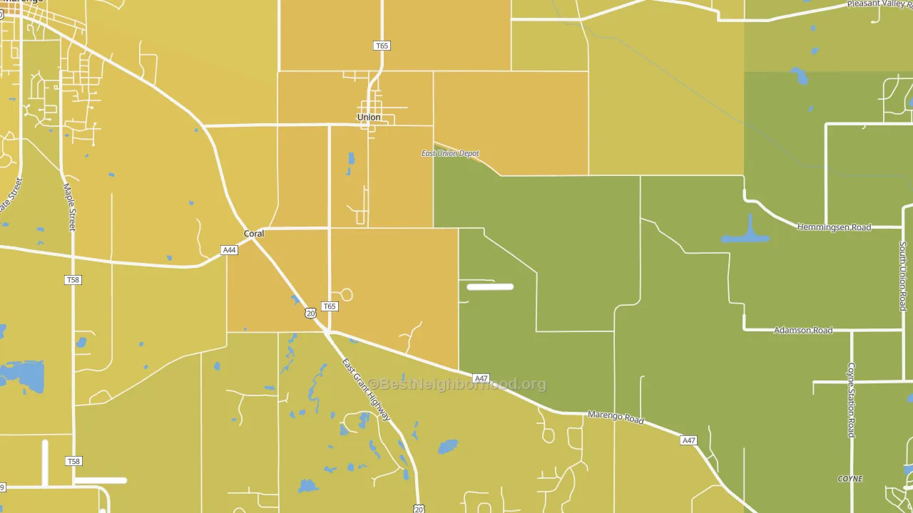 Map of the best neighborhoods in the Union area, with better matches in green and worse matches in red