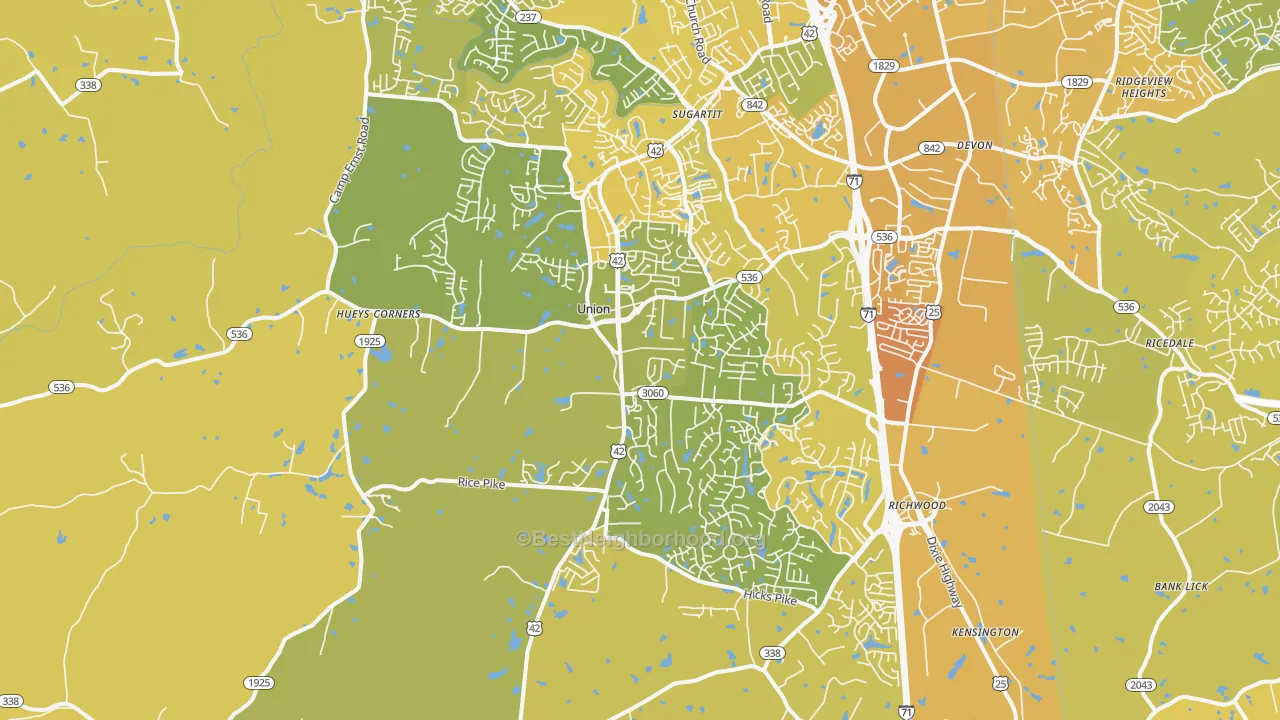 Map of the best neighborhoods in the Union area, with better matches in green and worse matches in red