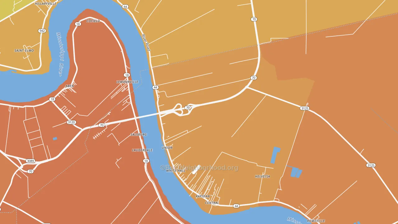 Map of the best neighborhoods in the Union area, with better matches in green and worse matches in red