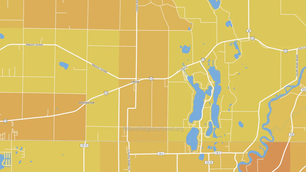 Map of the best neighborhoods in the Union area, with better matches in green and worse matches in red