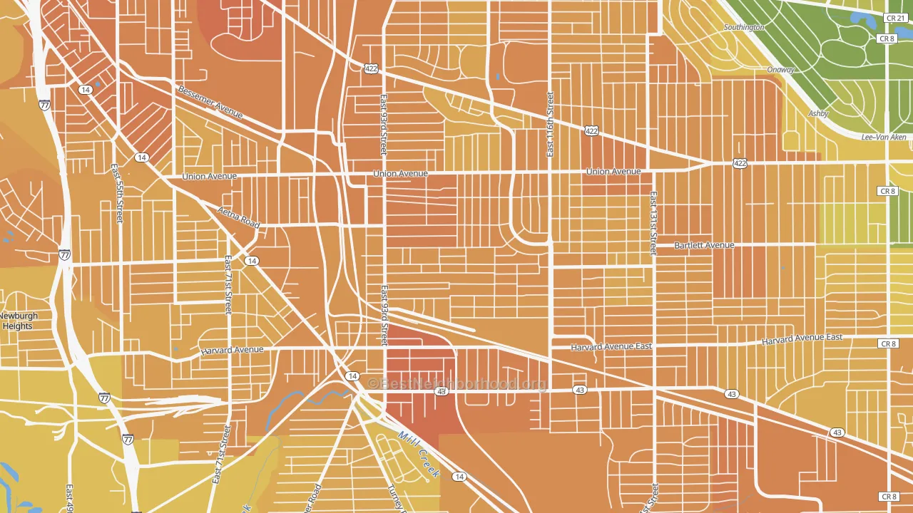 Map of the best neighborhoods in the Union-Miles Park, Cleveland area, with better matches in green and worse matches in red
