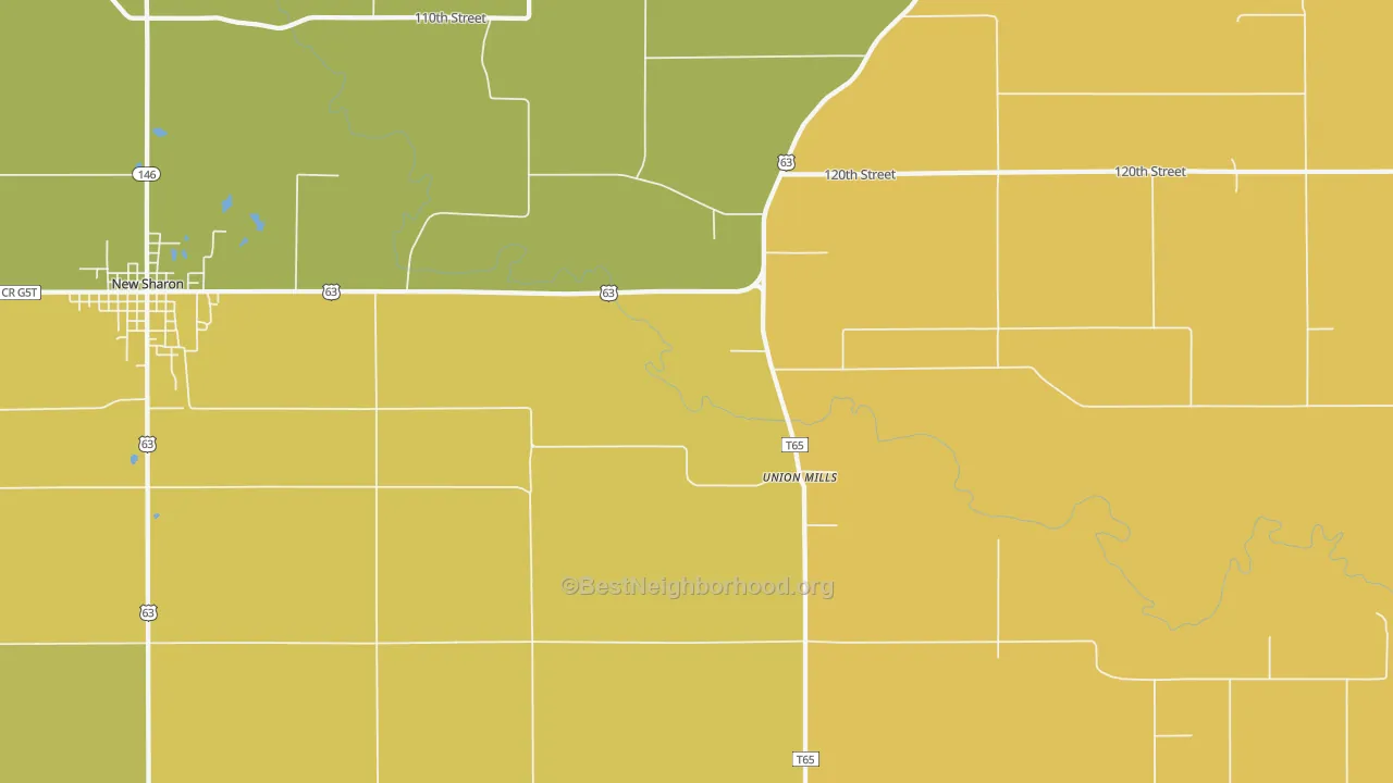 Map of the best neighborhoods in the Union Mills area, with better matches in green and worse matches in red