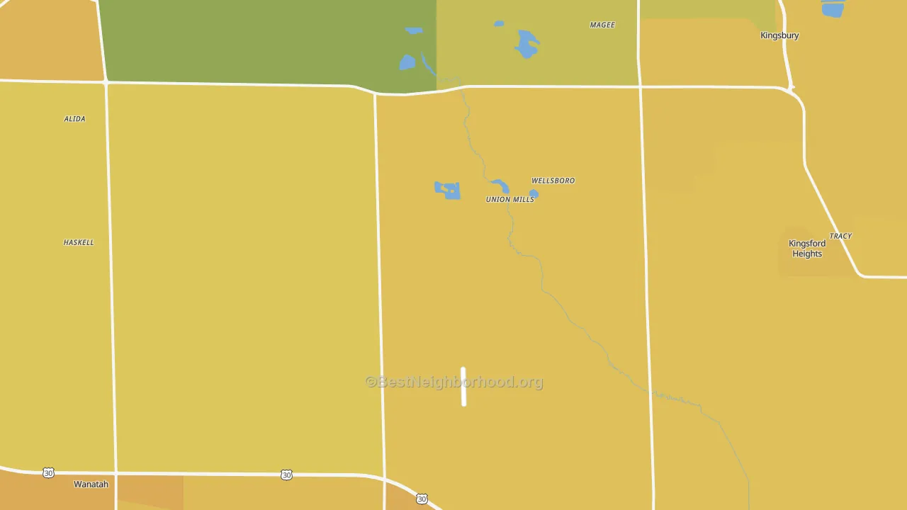 Map of the best neighborhoods in the Union Mills area, with better matches in green and worse matches in red