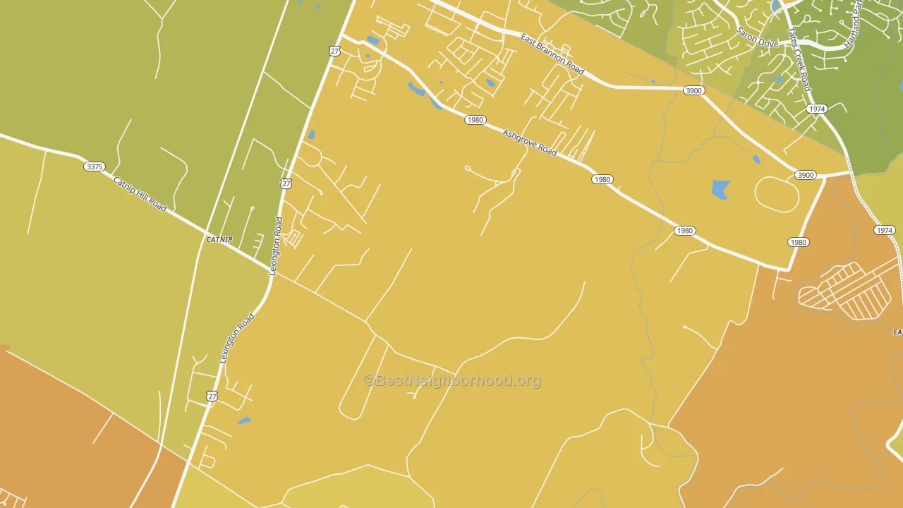 Map of the best neighborhoods in the Union Mills area, with better matches in green and worse matches in red