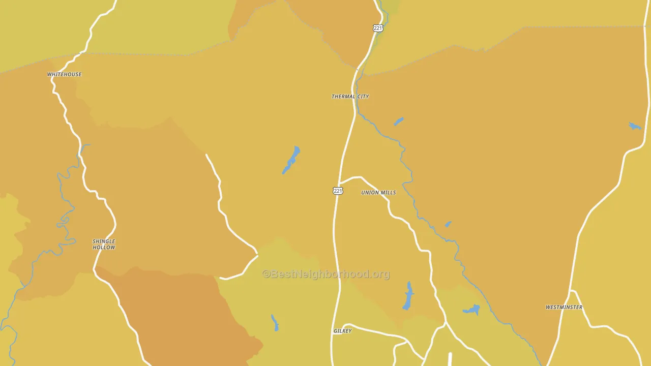 Map of the best neighborhoods in the Union Mills area, with better matches in green and worse matches in red