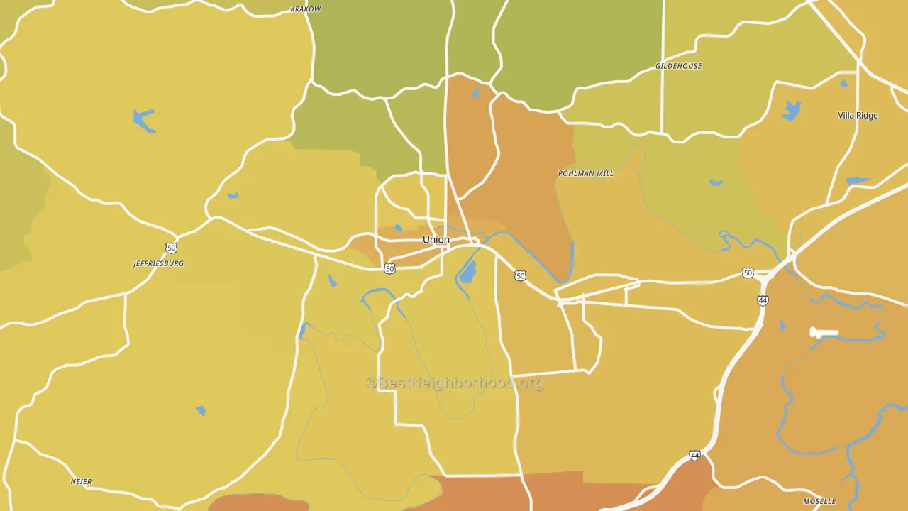 Map of the best neighborhoods in the Union area, with better matches in green and worse matches in red