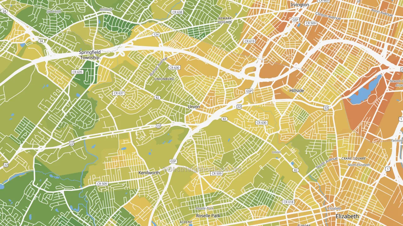 Map of the best neighborhoods in the Union area, with better matches in green and worse matches in red