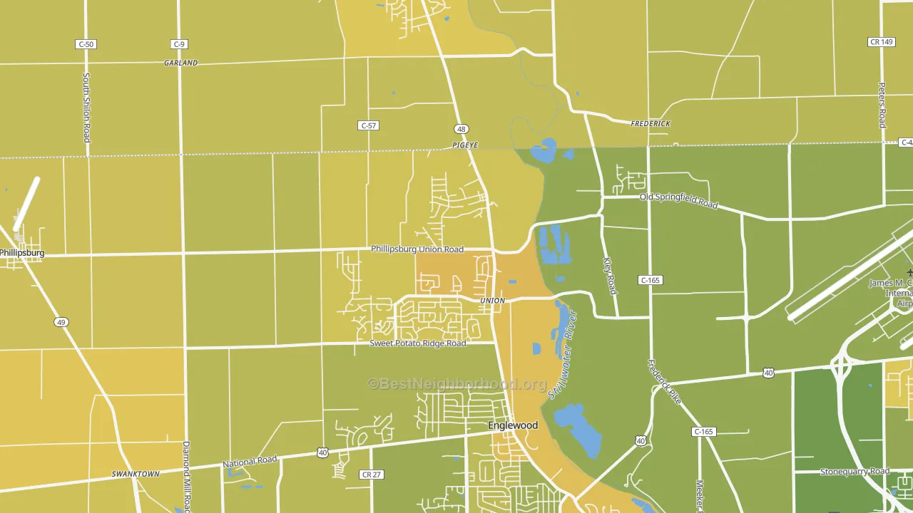 Map of the best neighborhoods in the Union area, with better matches in green and worse matches in red