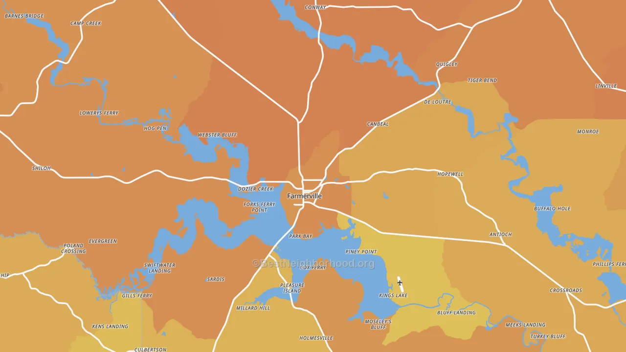 Map of the best neighborhoods in the Union Parish area, with better matches in green and worse matches in red