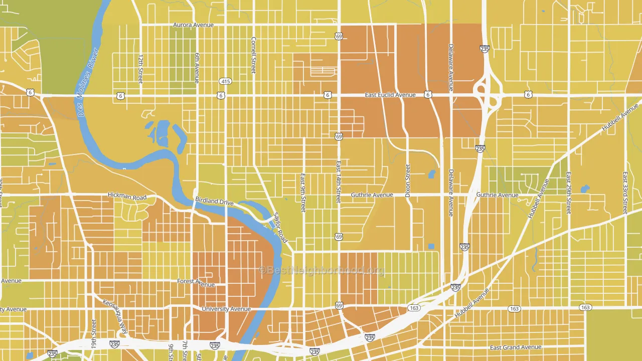 Map of the best neighborhoods in the Union Park, Des Moines area, with better matches in green and worse matches in red